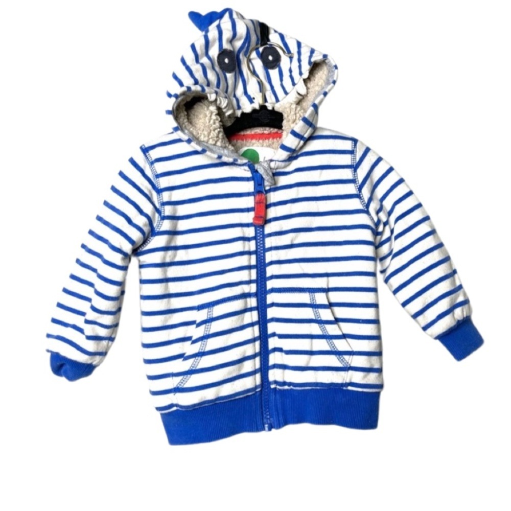Mini Boden white and blue stripe infant warm fleece lined hoodie 6-12m
